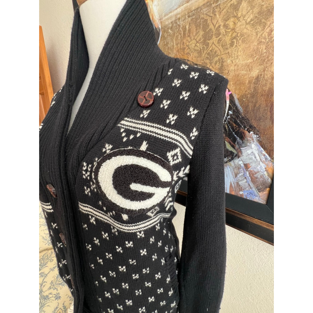 Women's 47 Brand Black & White Green Bay Packers Heavy Knit Cardigan S - Picture 2 of 5